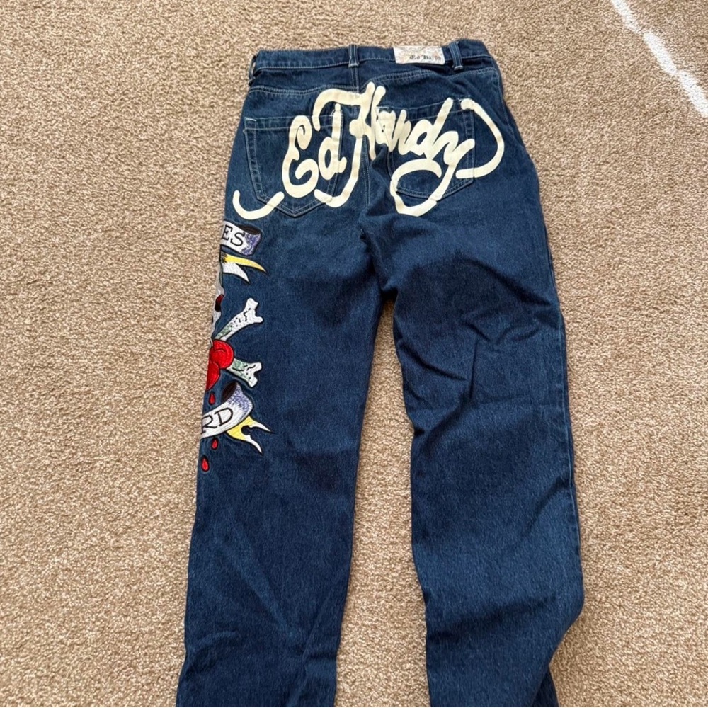 Ed Hardy Navy Jeans with Vibrant Red and White Art